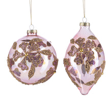 Afbeelding in Gallery-weergave laden, Glass Glitter Flower Bauble Finial Ornament Set of 2 Pink Gold 10 cm