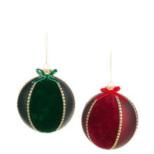 Afbeelding in Gallery-weergave laden, Glass Flock Bauble with Bow Set of 2 Red Green 10 cm