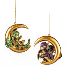 Afbeelding in Gallery-weergave laden, Dragon on Moon Ornament Set of 2 Purple Gold 7 cm
