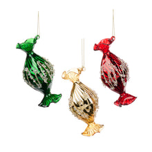 Afbeelding in Gallery-weergave laden, Glass Jewel Zigz Candy Ornament Set of 3 Red Green Gold 12 cm
