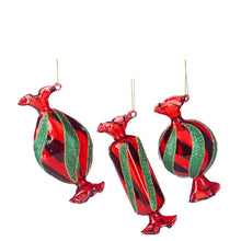 Afbeelding in Gallery-weergave laden, Glass Glitter Stripe Candy Ornament Set of 3 Red Green 15 cm
