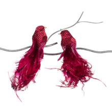 Afbeelding in Gallery-weergave laden, Feather Fabric Bird on Clip Ornament Set of 2 Burgundy Purple 23 cm
