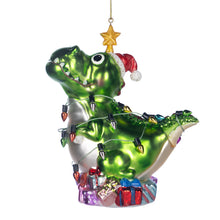 Afbeelding in Gallery-weergave laden, Glass Xmas Dinosaur with Lights Ornament Green Multicolour 13.5 cm
